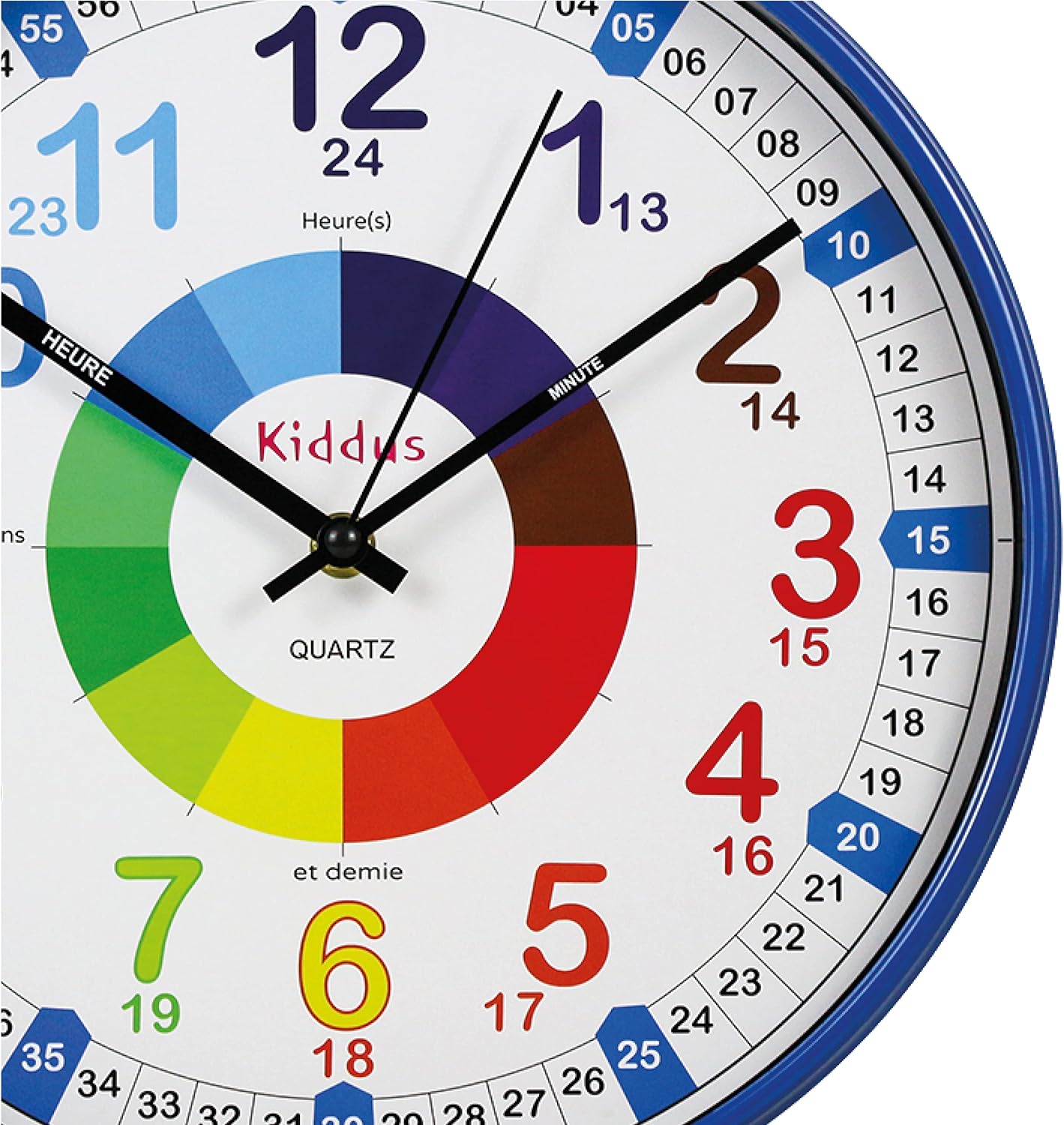 Kiddus Time Teacher Wanduhr für Kinder. 30cm Analoger Zeitlehrer mit Zeit Lernübungen. Stilles Uhr. Viele Sprachen. Blau