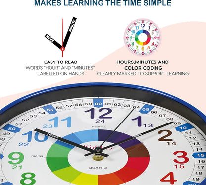 Kiddus Time Teacher Wanduhr für Kinder. 30cm Analoger Zeitlehrer mit Zeit Lernübungen. Stilles Uhr. Viele Sprachen. Blau