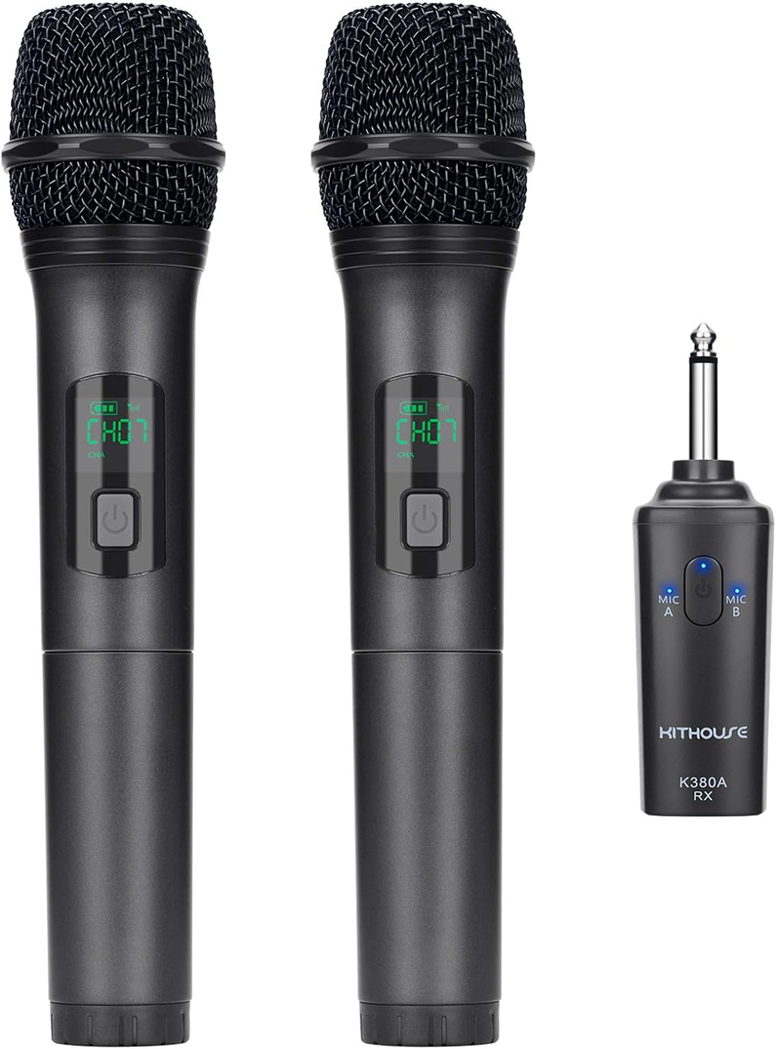 Kithouse K380A microphone sans câble, microphone de karaoké, microphone sans câble, double avec système d'entrée Bluetooth sans fil, microphone à main UHF pour le chant, l'église de l'Église, noir élégant
