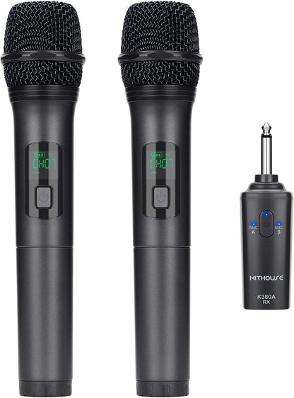 Kithouse K380A microphone sans câble, microphone de karaoké, microphone sans câble, double avec système d'entrée Bluetooth sans fil, microphone à main UHF pour le chant, l'église de l'Église, noir élégant
