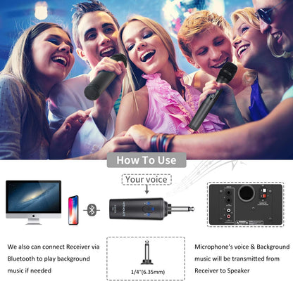Kithouse K380A microphone sans câble, microphone de karaoké, microphone sans câble, double avec système d'entrée Bluetooth sans fil, microphone à main UHF pour le chant, l'église de l'Église, noir élégant