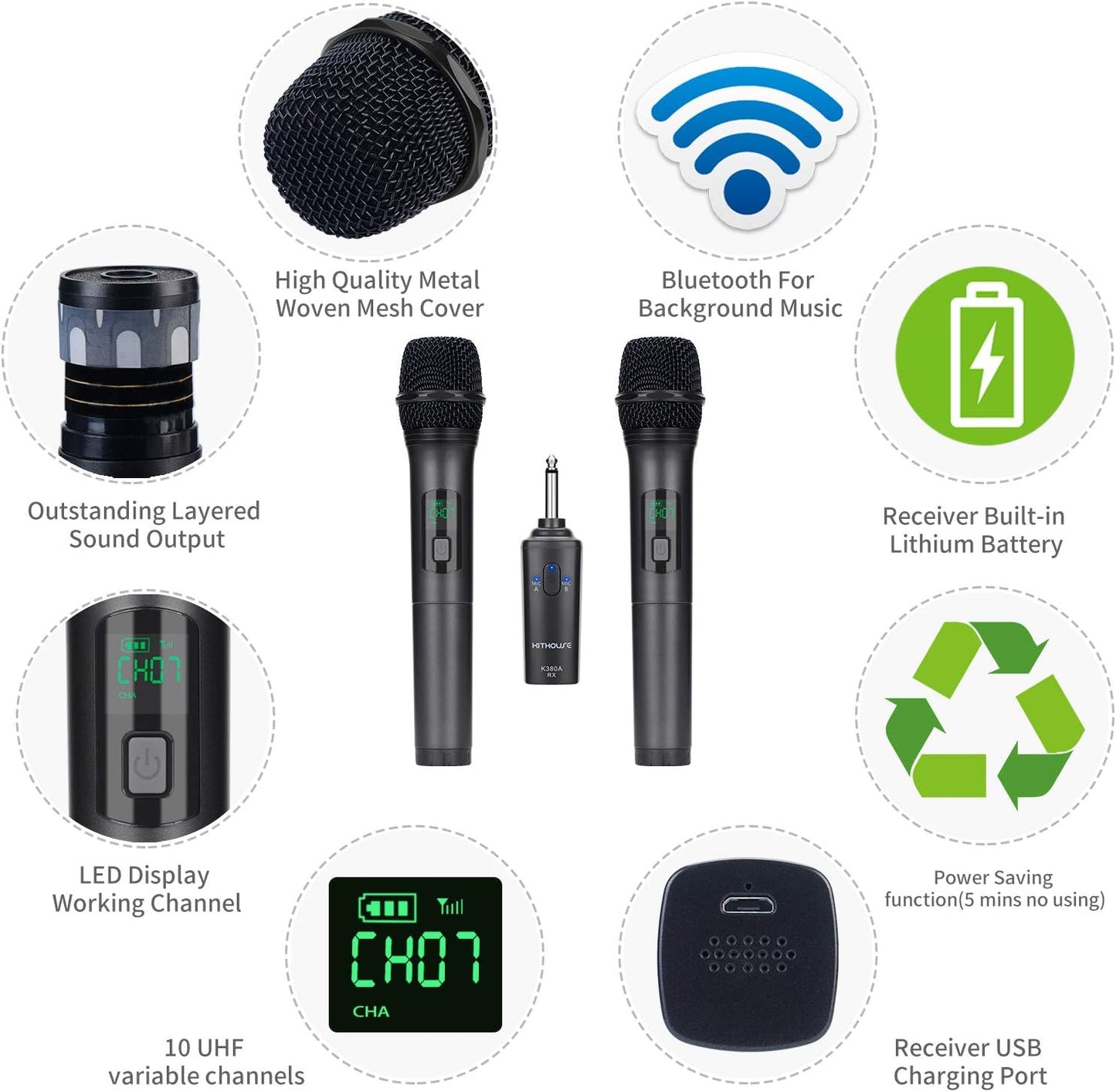 Kithouse K380A microphone sans câble, microphone de karaoké, microphone sans câble, double avec système d'entrée Bluetooth sans fil, microphone à main UHF pour le chant, l'église de l'Église, noir élégant