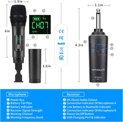 Kithouse K380A microphone sans câble, microphone de karaoké, microphone sans câble, double avec système d'entrée Bluetooth sans fil, microphone à main UHF pour le chant, l'église de l'Église, noir élégant