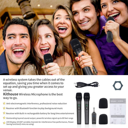 Kithouse K380A microphone sans câble, microphone de karaoké, microphone sans câble, double avec système d'entrée Bluetooth sans fil, microphone à main UHF pour le chant, l'église de l'Église, noir élégant