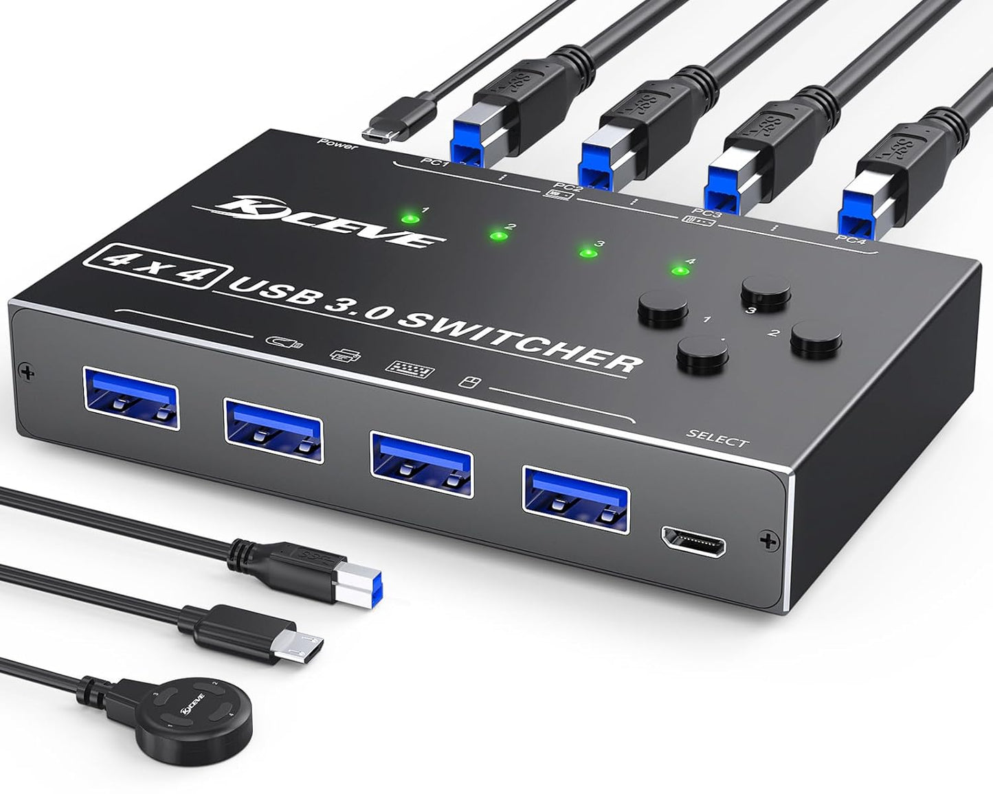 KCEVE USB 3.0 Switch 4 PC, MLEEDA 4 Port USB Switch Selector für 4 Computer teilen 4 USB-Geräte, Tastatur Maus Switch, USB Switcher mit Kabelfernbedienung und 4 Standard-USB-B-Kabeln