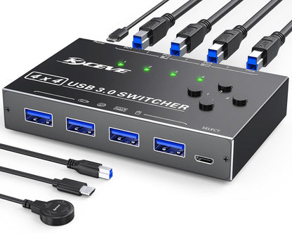 KCEVE USB 3.0 Switch 4 PC, MLEEDA 4 Port USB Switch Selector für 4 Computer teilen 4 USB-Geräte, Tastatur Maus Switch, USB Switcher mit Kabelfernbedienung und 4 Standard-USB-B-Kabeln