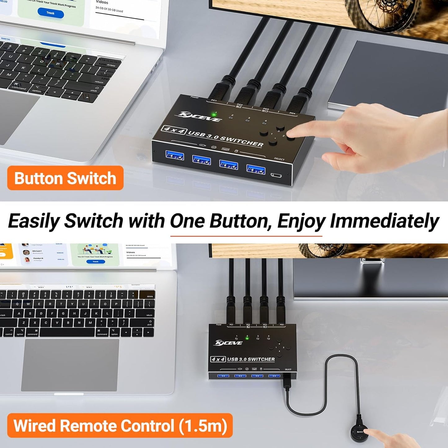 KCEVE USB 3.0 Switch 4 PC, MLEEDA 4 Port USB Switch Selector für 4 Computer teilen 4 USB-Geräte, Tastatur Maus Switch, USB Switcher mit Kabelfernbedienung und 4 Standard-USB-B-Kabeln
