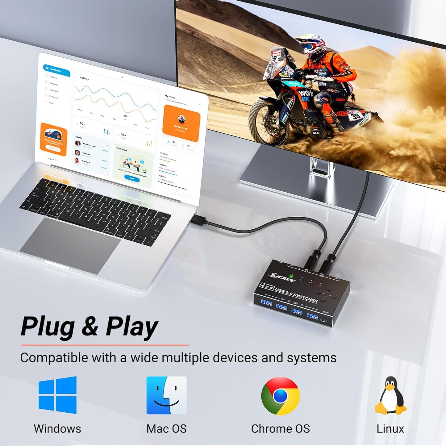 KCEVE USB 3.0 Switch 4 PC, MLEEDA 4 Port USB Switch Selector für 4 Computer teilen 4 USB-Geräte, Tastatur Maus Switch, USB Switcher mit Kabelfernbedienung und 4 Standard-USB-B-Kabeln
