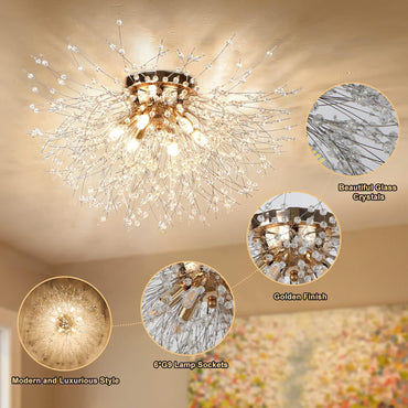 KMaiPem Modern Kristall Deckenlampe Wohnzimmer, 6 Lichter Dimmbarer,Gold Feuerwerk