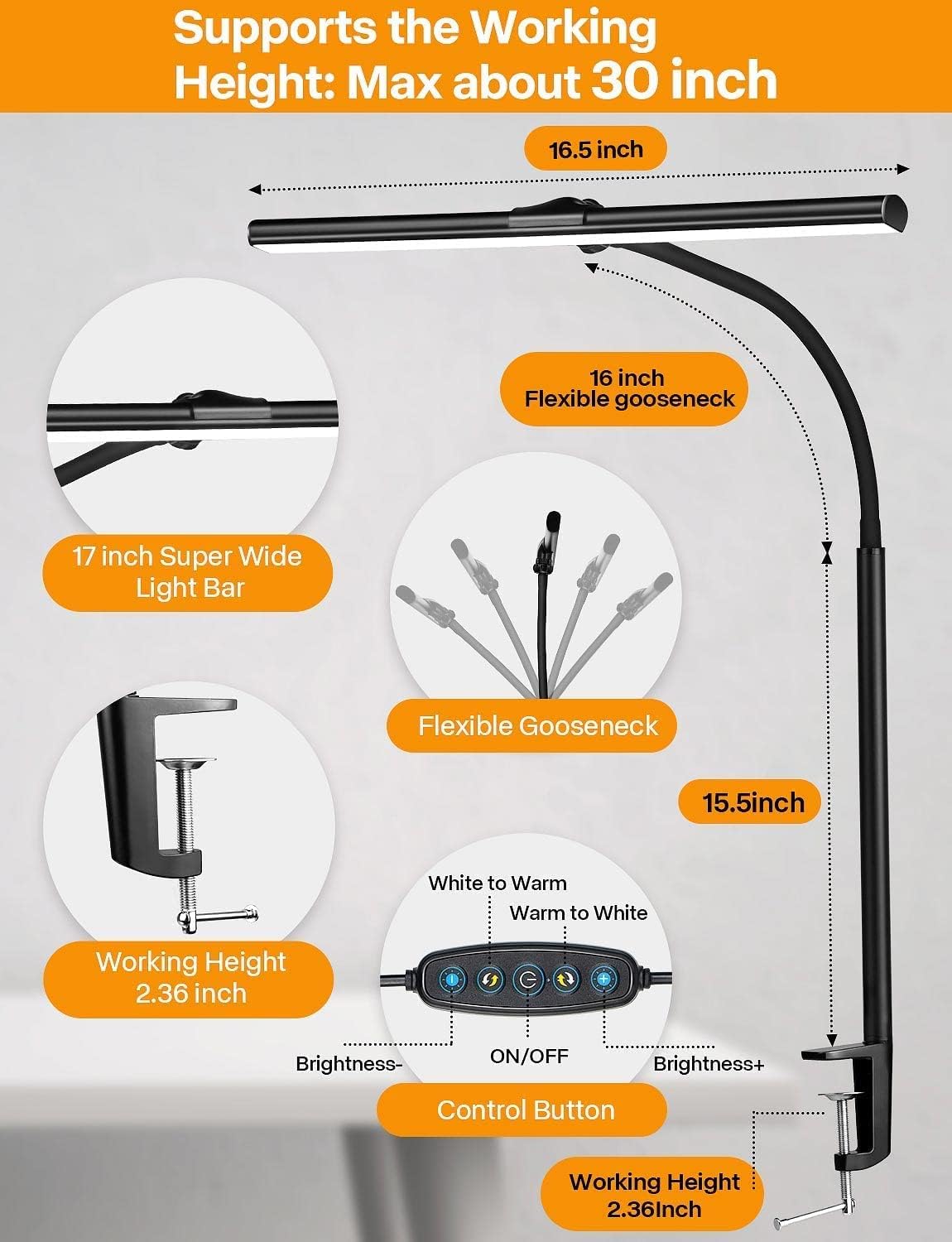 Kimimara Schreibtischlampe LED Dimmbar Klemmleuchte 5 Farb 5 Helligkeitsstufen