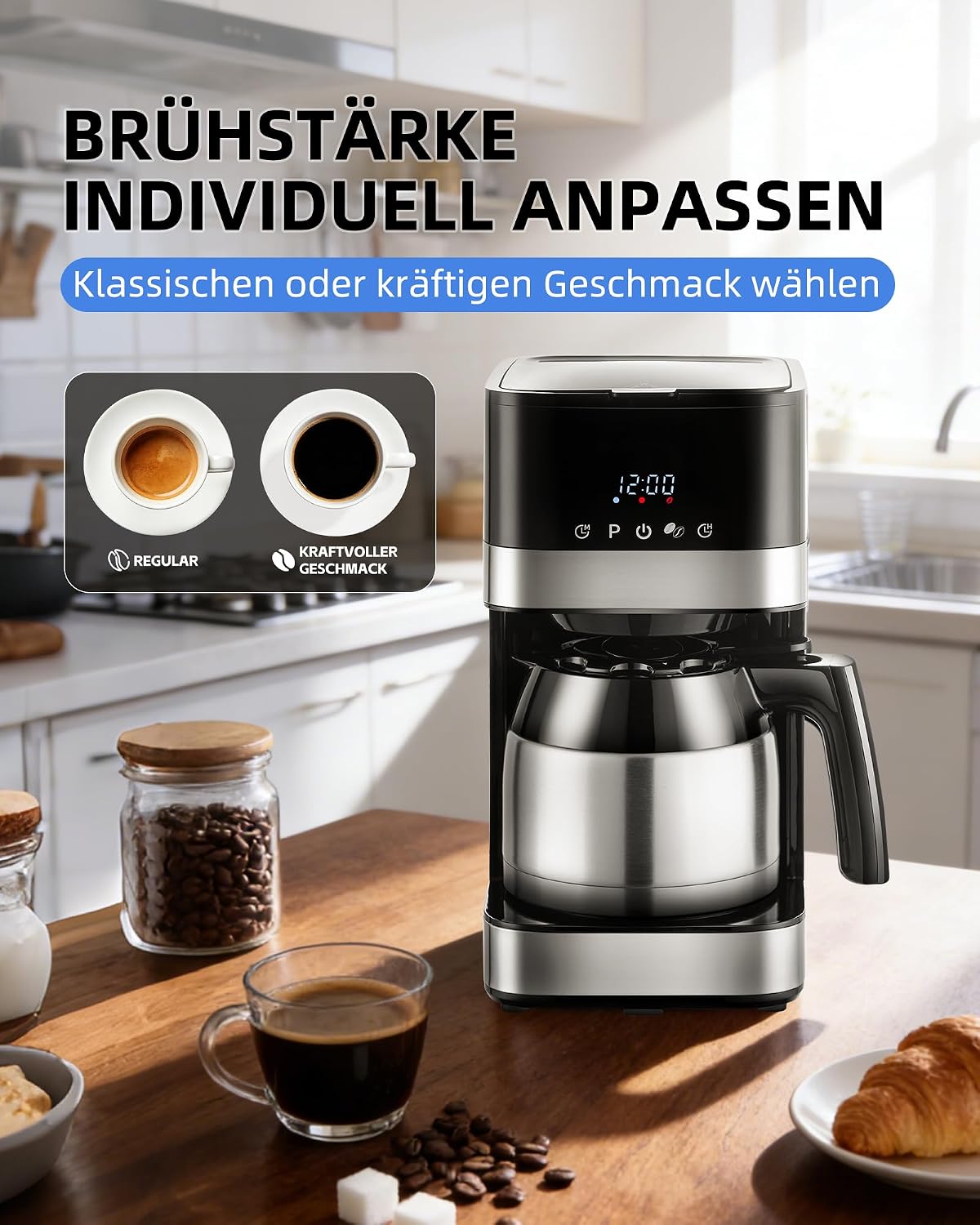 KEINVE Filterkaffeemaschine mit Thermokaraffe, Edelstahl mit timer,900W, Warmhalteplatte