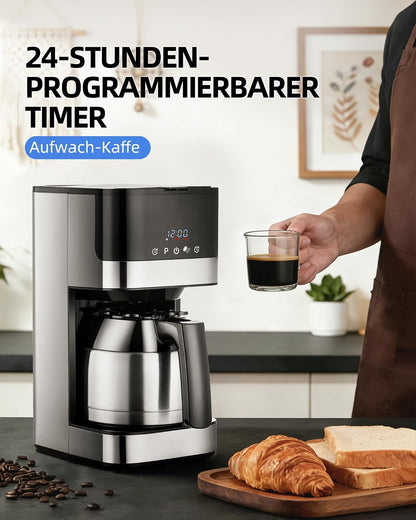 KEINVE Filterkaffeemaschine mit Thermokaraffe, Edelstahl mit timer,900W, Warmhalteplatte