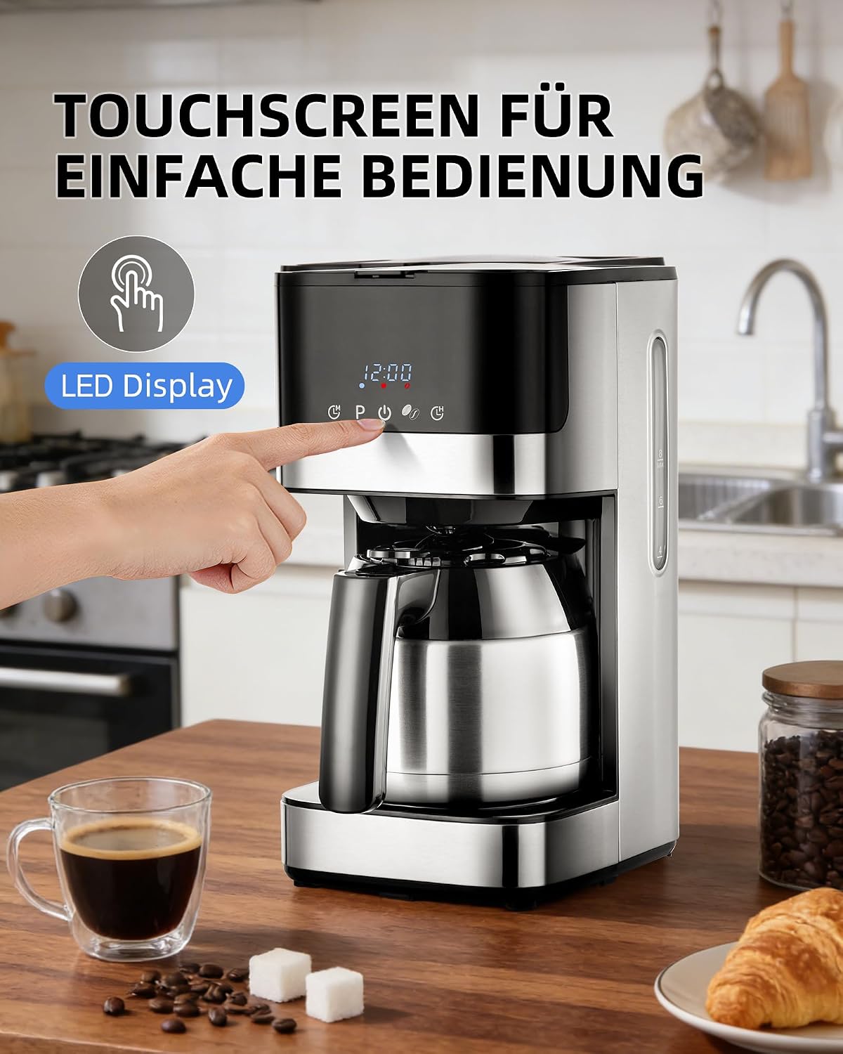KEINVE Filterkaffeemaschine mit Thermokaraffe, Edelstahl mit timer,900W, Warmhalteplatte