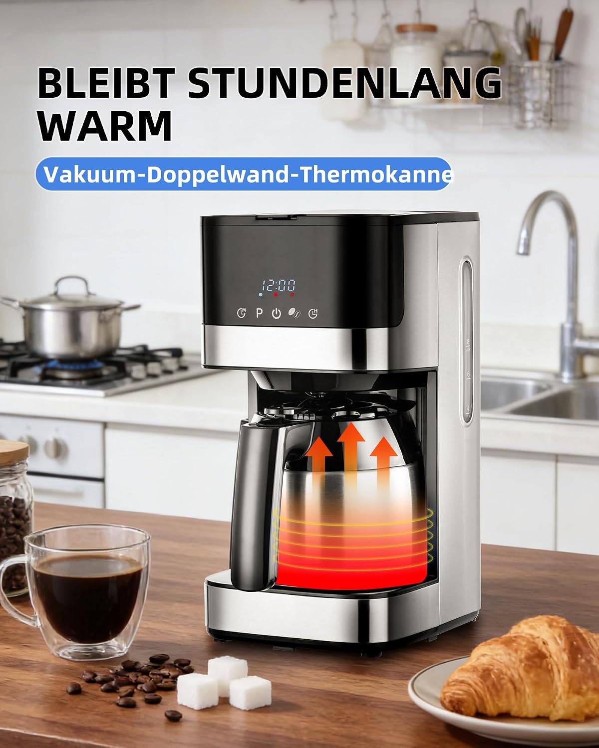 KEINVE Filterkaffeemaschine mit Thermokaraffe, Edelstahl mit timer,900W, Warmhalteplatte