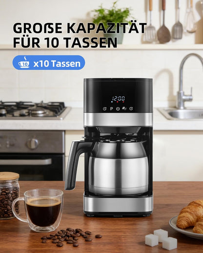 KEINVE Filterkaffeemaschine mit Thermokaraffe, Edelstahl mit timer,900W, Warmhalteplatte