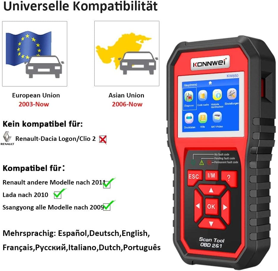 Outil de diagnostic automatique KONNWEI KW850 OBDII Scanner, lecteur de codes de voyant moteur