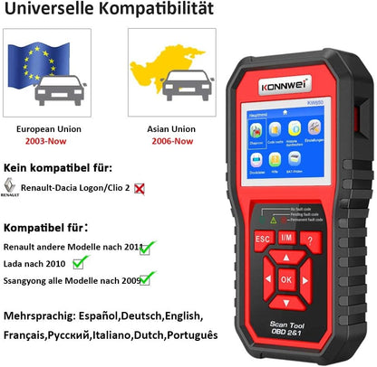 Outil de diagnostic automatique KONNWEI KW850 OBDII Scanner, lecteur de codes de voyant moteur