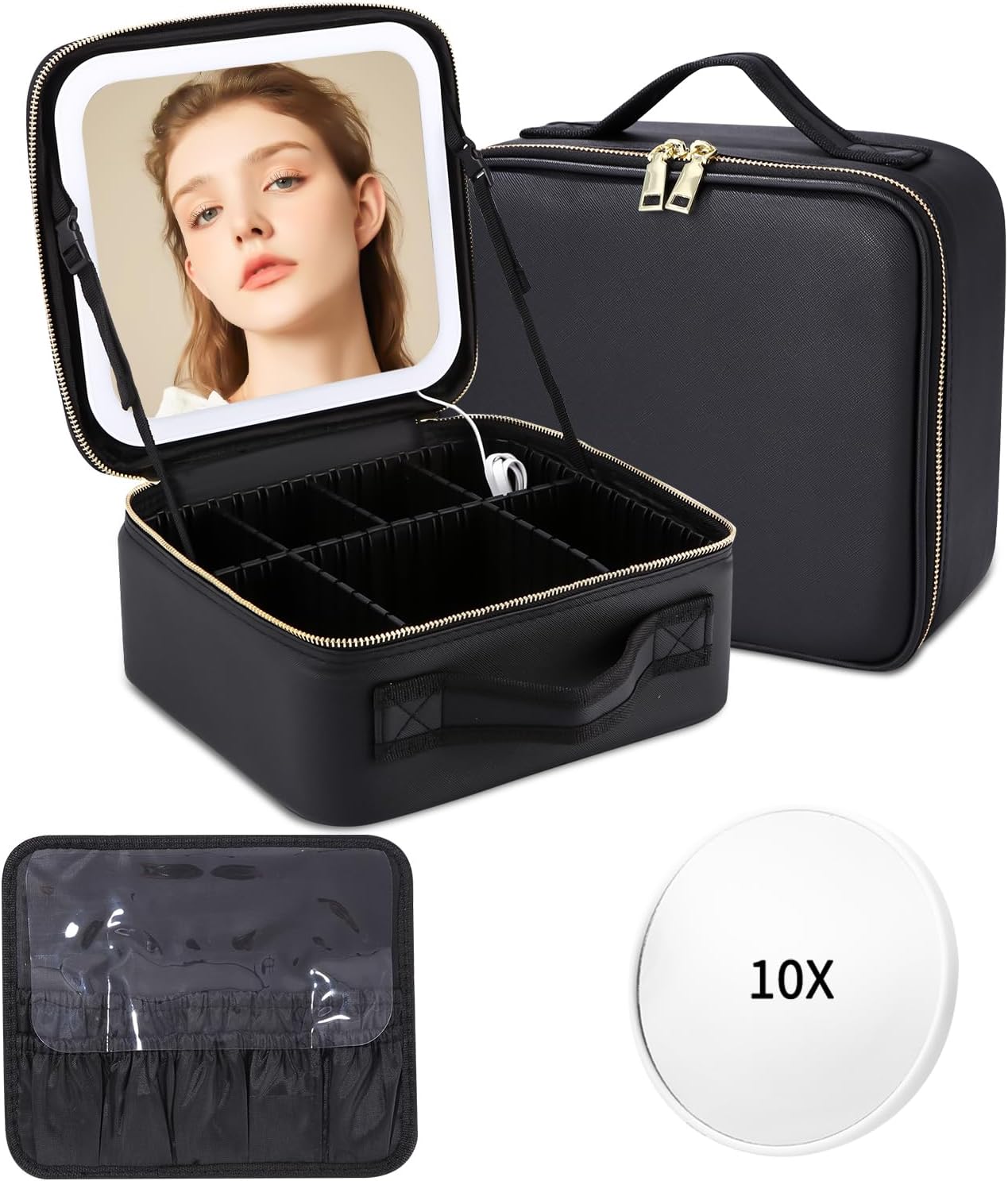Kosmetiktasche mit LED Spiegel groß Aufbewahrungsbox Organizer Kosmetik Reise Beauty Bag Schwarz
