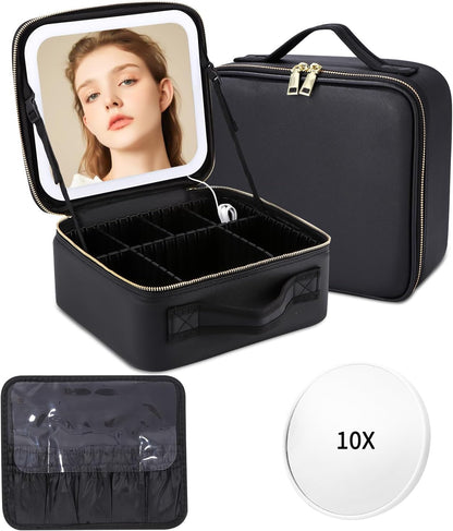 Kosmetiktasche mit LED Spiegel groß Aufbewahrungsbox Organizer Kosmetik Reise Beauty Bag Schwarz