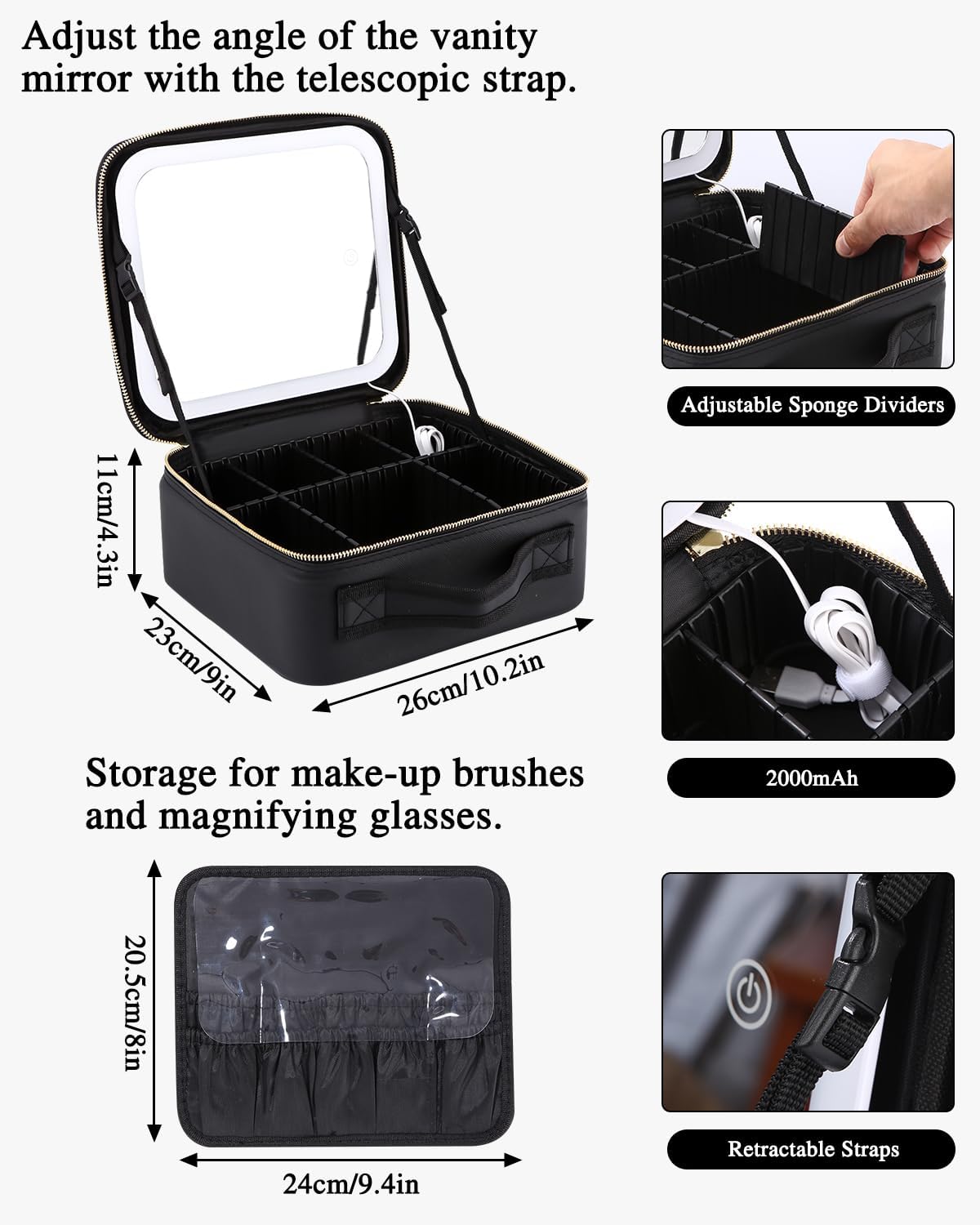 Kosmetiktasche mit LED Spiegel groß Aufbewahrungsbox Organizer Kosmetik Reise Beauty Bag Schwarz