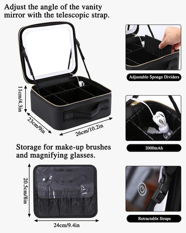 Kosmetiktasche mit LED Spiegel groß Aufbewahrungsbox Organizer Kosmetik Reise Beauty Bag Schwarz