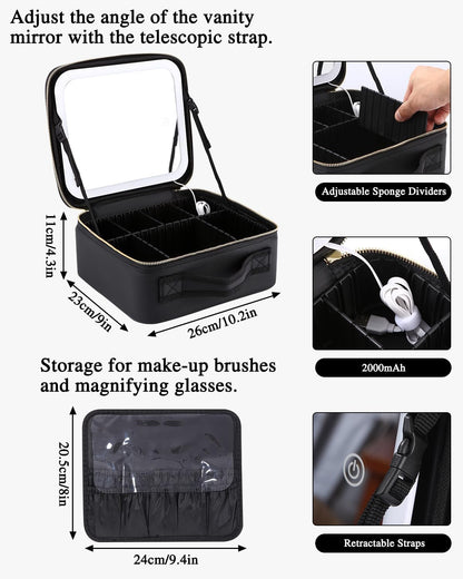 Kosmetiktasche mit LED Spiegel groß Aufbewahrungsbox Organizer Kosmetik Reise Beauty Bag Schwarz