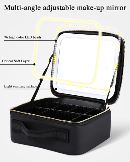 Kosmetiktasche mit LED Spiegel groß Aufbewahrungsbox Organizer Kosmetik Reise Beauty Bag Schwarz