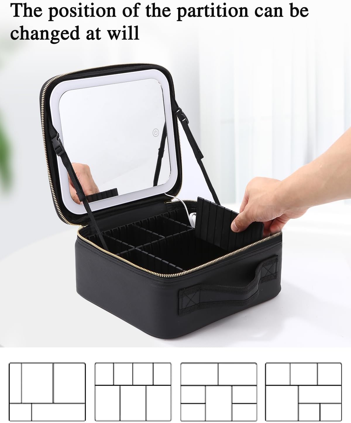 Kosmetiktasche mit LED Spiegel groß Aufbewahrungsbox Organizer Kosmetik Reise Beauty Bag Schwarz