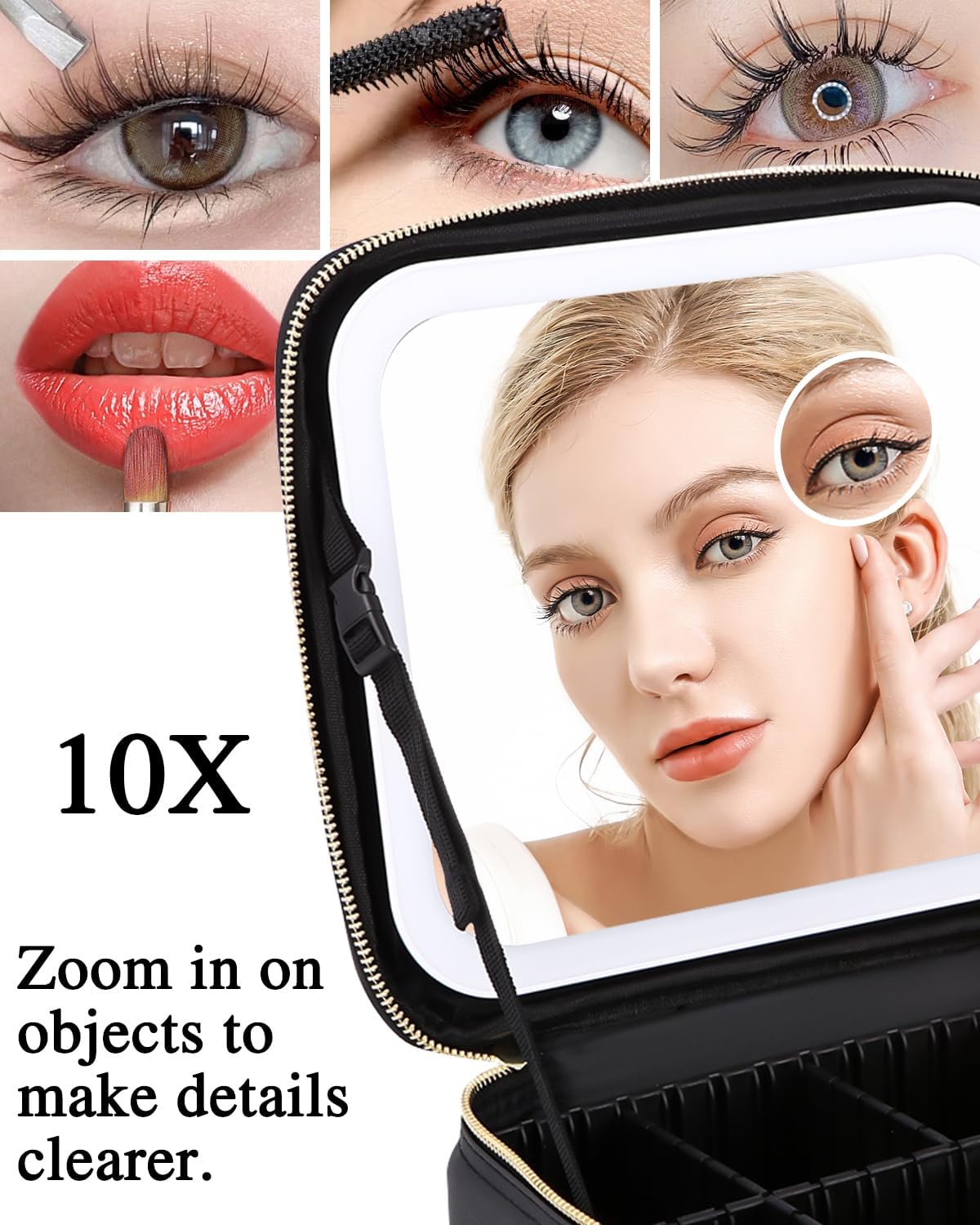 Kosmetiktasche mit LED Spiegel groß Aufbewahrungsbox Organizer Kosmetik Reise Beauty Bag Schwarz