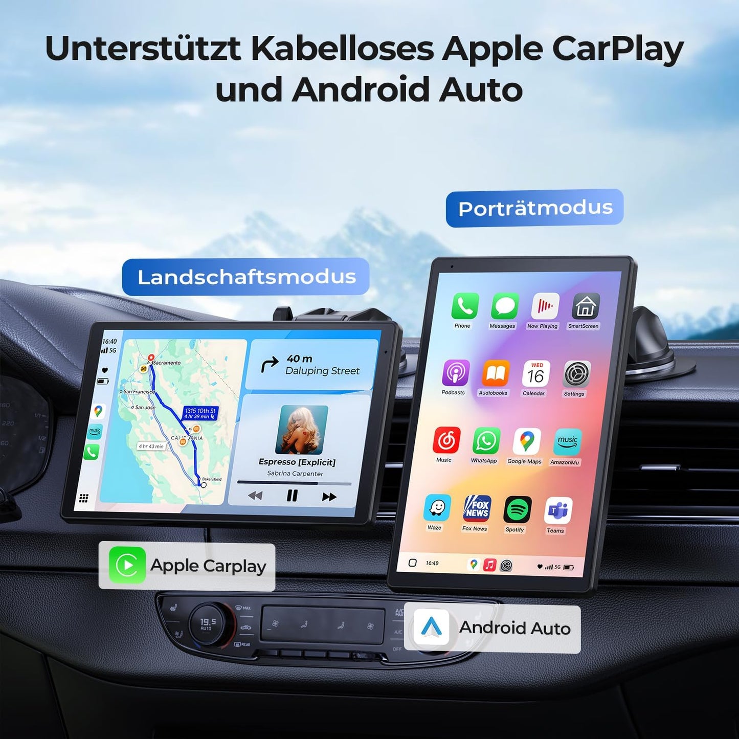 Krunia 8'' Tragbares Carplay Display für Apple CarPlay & Android Auto, Rückfahrkamera 1440x900 HD