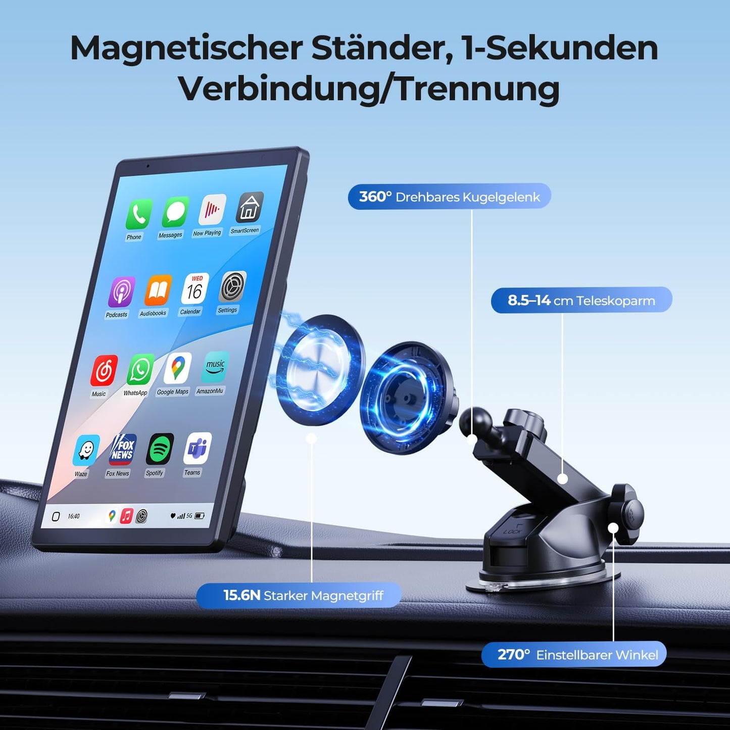 Krunia 8'' Tragbares Carplay Display für Apple CarPlay & Android Auto, Rückfahrkamera 1440x900 HD