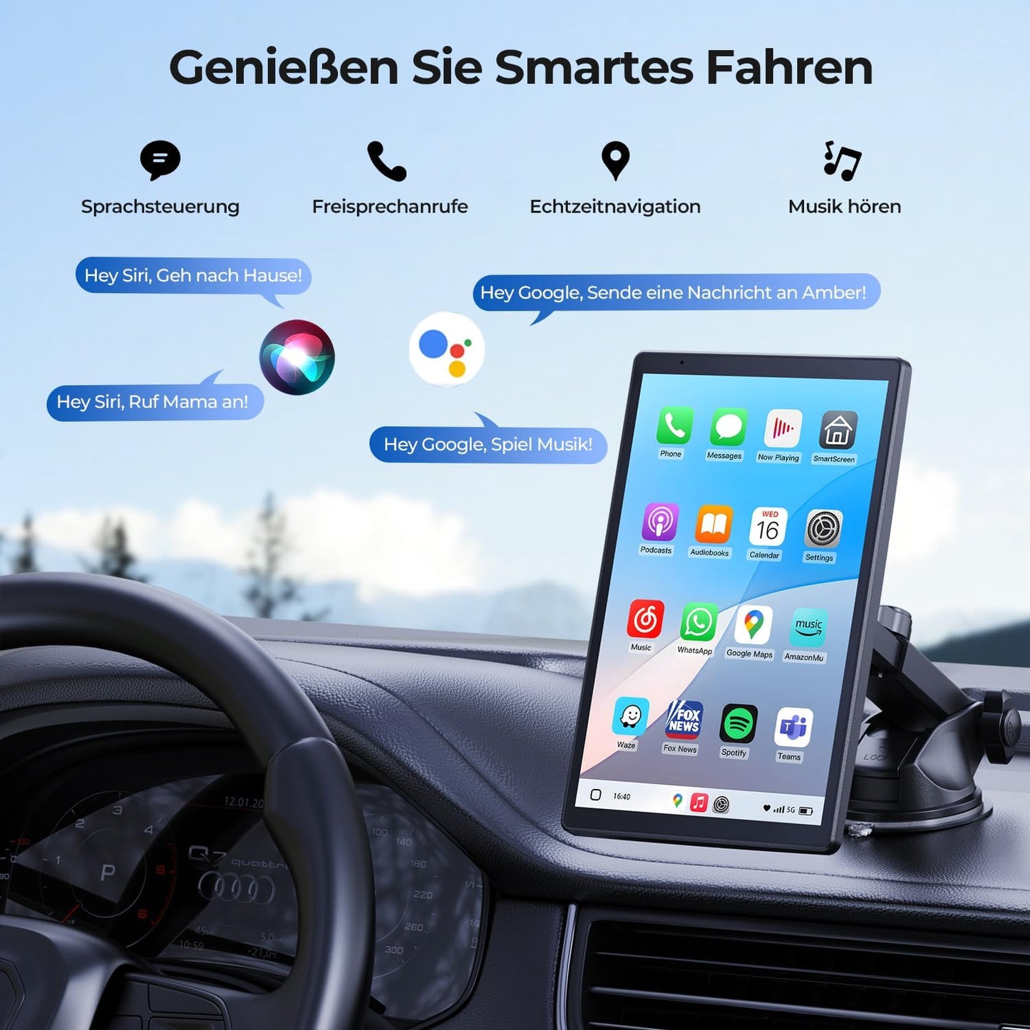Krunia 8'' Tragbares Carplay Display für Apple CarPlay & Android Auto, Rückfahrkamera 1440x900 HD