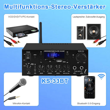 Amplificateur audio pour maison, KS-33BT Adaptateur HiFi Bluetooth 5.0 à 2 canaux, RMS 60W X 2 Max 400W
