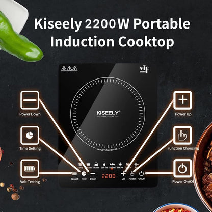 Kiseely Tragbares Induktionskochfeld, Aufsatzbrenner mit Multifunktion, 2200 W