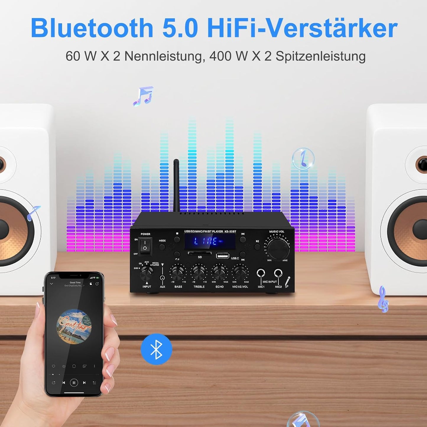 Amplificateur audio pour maison, KS-33BT Adaptateur HiFi Bluetooth 5.0 à 2 canaux, RMS 60W X 2 Max 400W