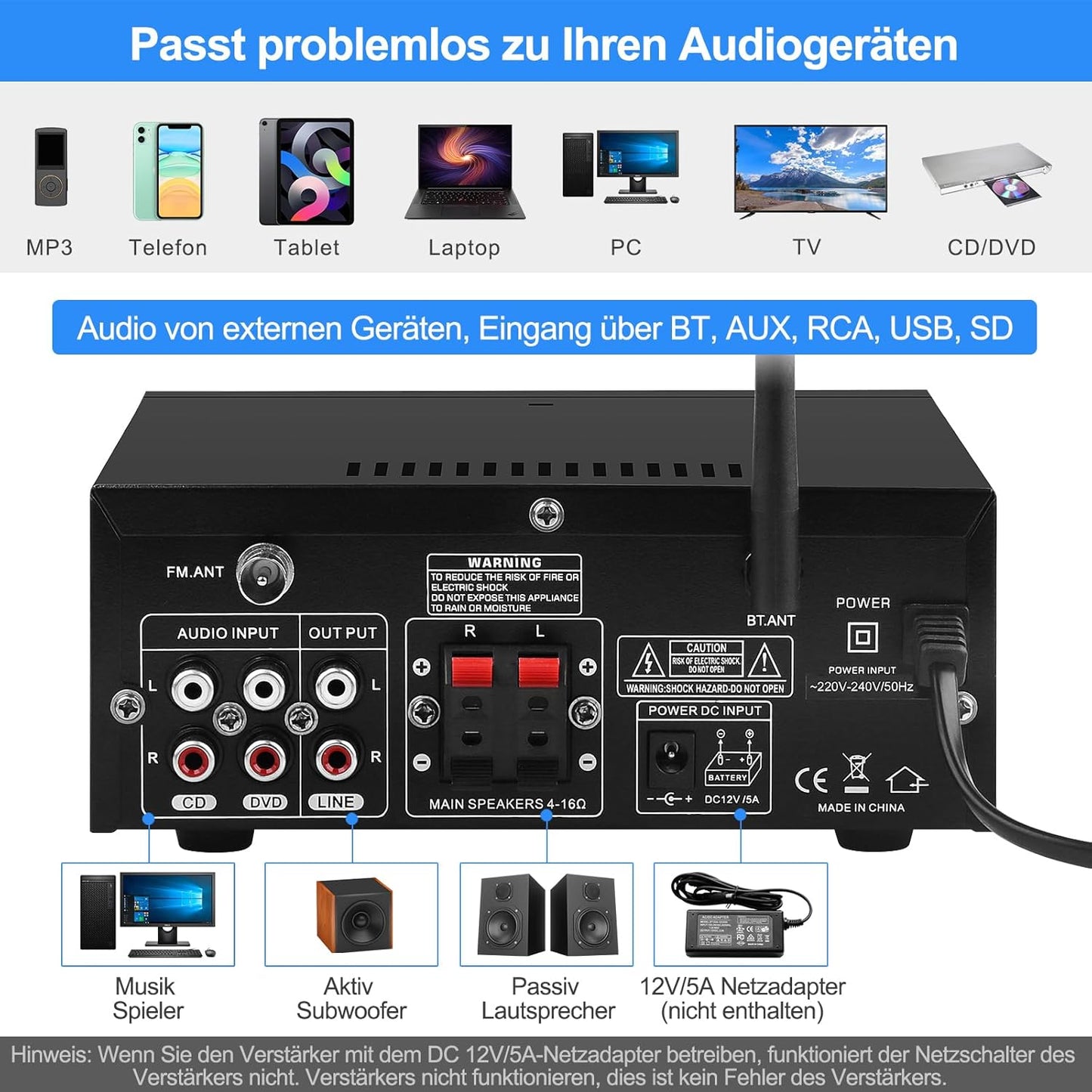 Amplificateur audio pour maison, KS-33BT Adaptateur HiFi Bluetooth 5.0 à 2 canaux, RMS 60W X 2 Max 400W