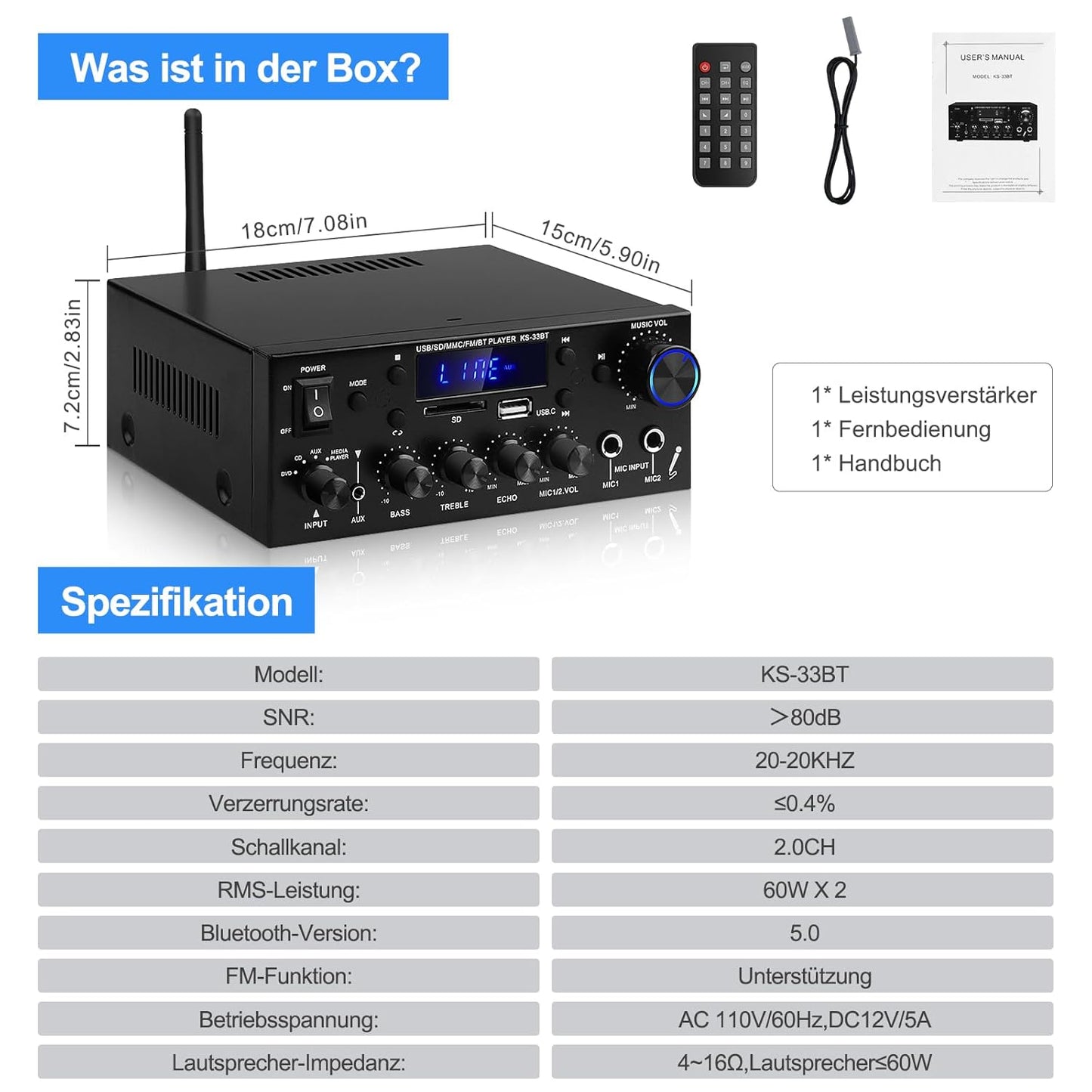 Amplificateur audio pour maison, KS-33BT Adaptateur HiFi Bluetooth 5.0 à 2 canaux, RMS 60W X 2 Max 400W