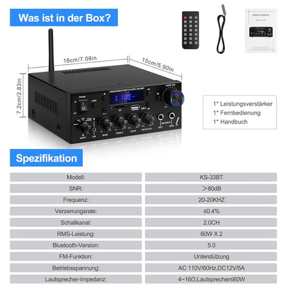 Amplificateur audio pour maison, KS-33BT Adaptateur HiFi Bluetooth 5.0 à 2 canaux, RMS 60W X 2 Max 400W