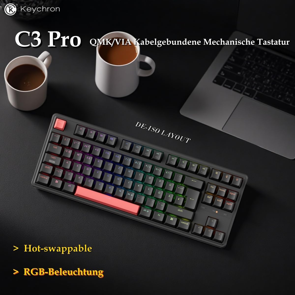 Keychron C3 Pro QMK/VIA Mechanische Tastatur, Kabelgebunden, Programmierbar, 87 Tasten