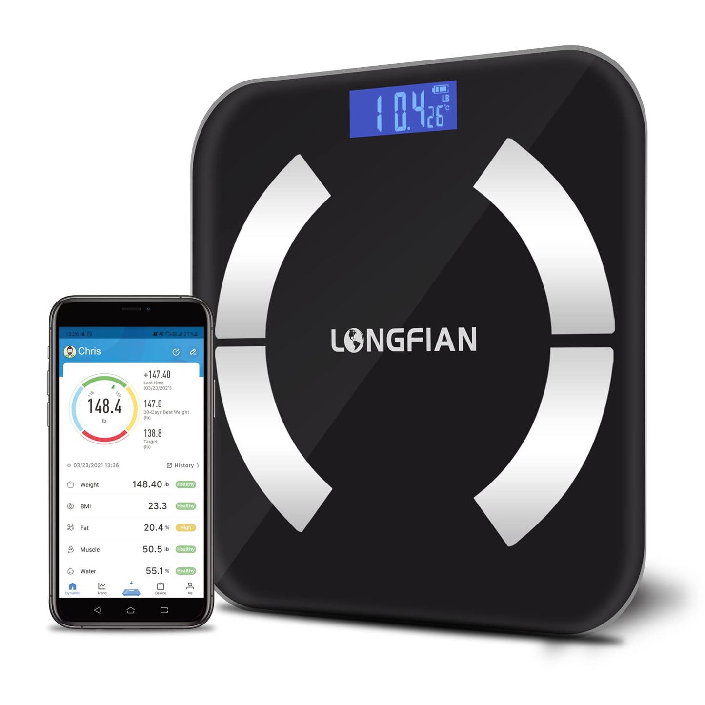 LONGFIAN Intelligente Waage für Körperfettwaage,Personenwaage mit APP