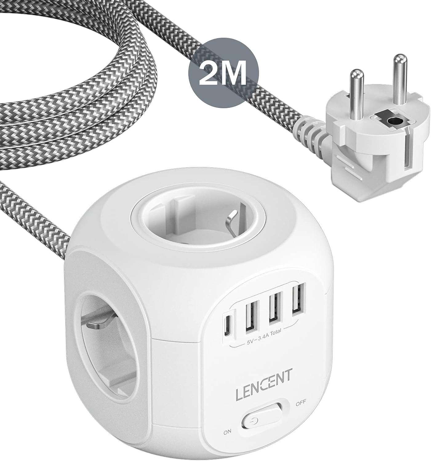 LENCENT 4 Fach Steckdosenleiste Mehrfachsteckdosen 8 in 1 Cube mit 3 USB, 1 Typ-C Weiß