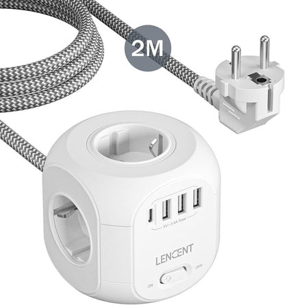 LENCENT 4 Fach Steckdosenleiste Mehrfachsteckdosen 8 in 1 Cube mit 3 USB, 1 Typ-C Weiß
