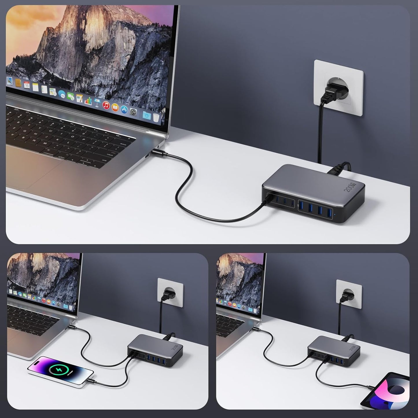 200W USB C Ladegerät Mehrfach, GaN III 8-Port Schnellladegerät PPS PD 65W