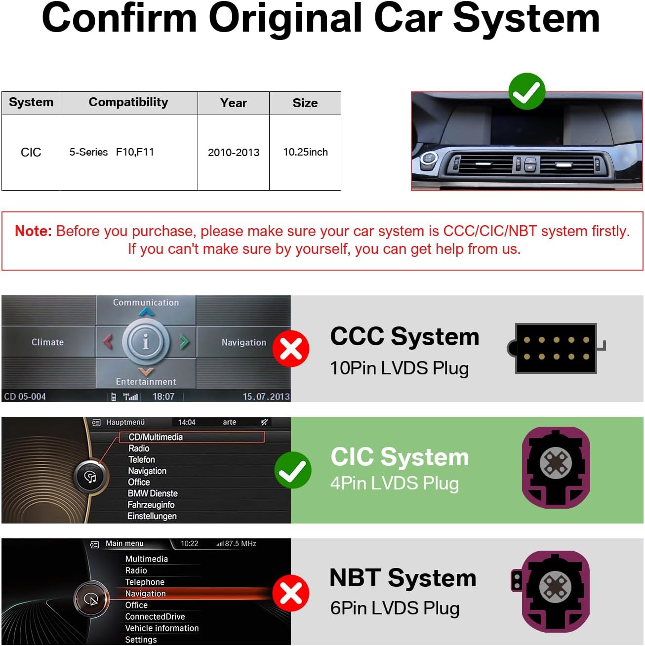 Leadsign 10,25" Wireless CarPlay Android Auto Bildschirm für BMW 5er F10/F11(2010–2012, CIC)