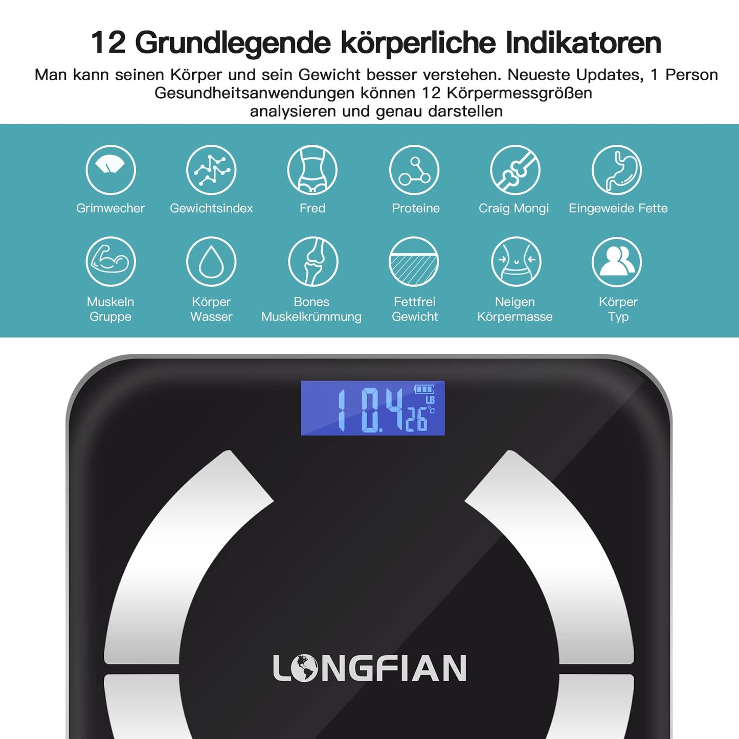 LONGFIAN Intelligente Waage für Körperfettwaage,Personenwaage mit APP