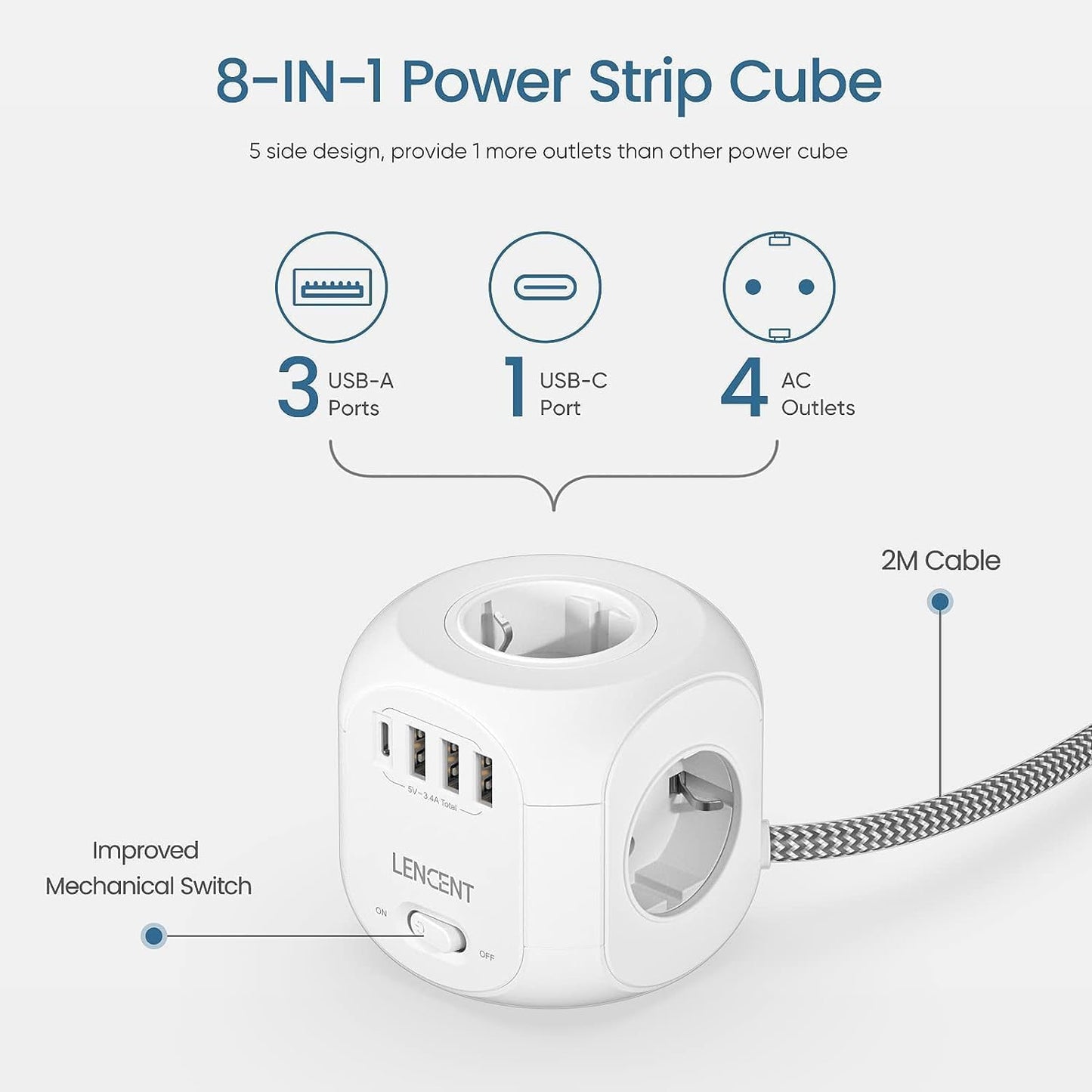 LENCENT 4 Fach Steckdosenleiste Mehrfachsteckdosen 8 in 1 Cube mit 3 USB, 1 Typ-C Weiß