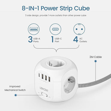 LENCENT 4 Fach Steckdosenleiste Mehrfachsteckdosen 8 in 1 Cube mit 3 USB, 1 Typ-C Weiß
