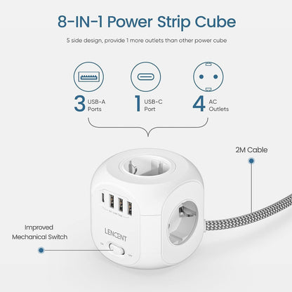 LENCENT 4 Fach Steckdosenleiste Mehrfachsteckdosen 8 in 1 Cube mit 3 USB, 1 Typ-C Weiß