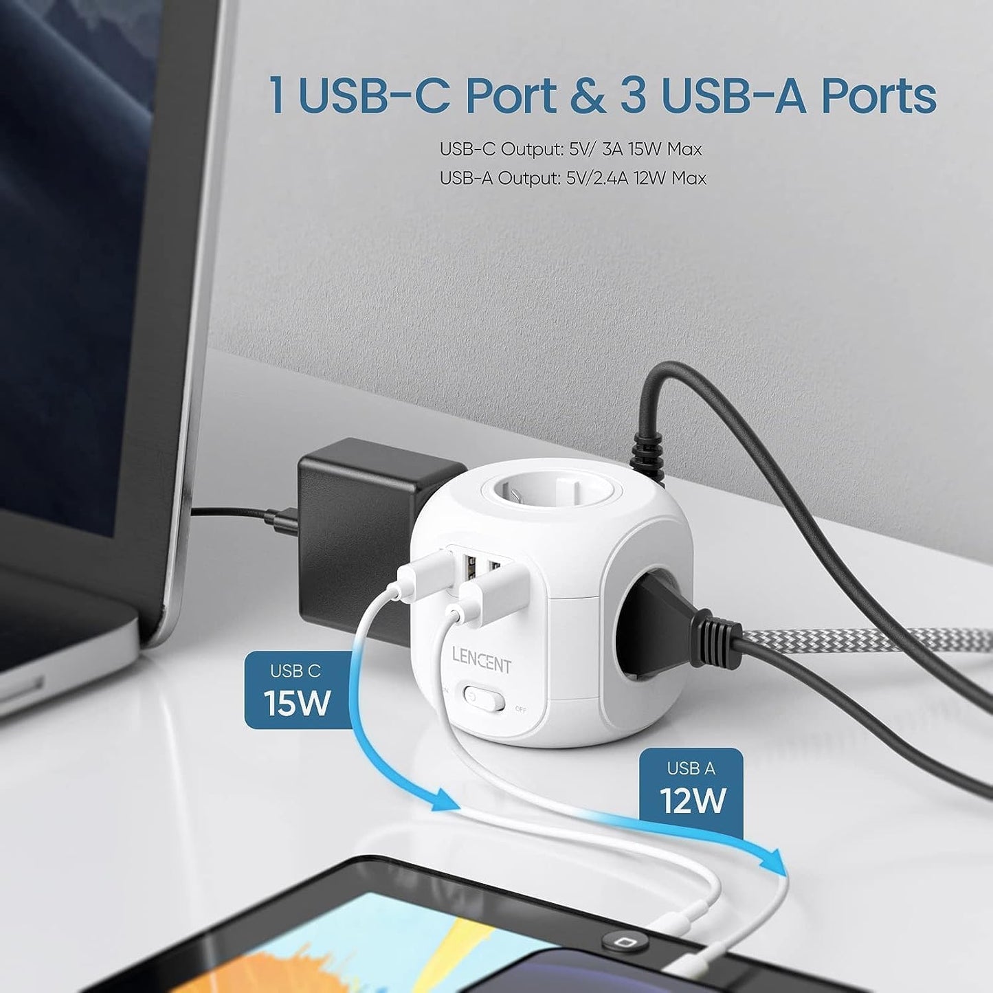 LENCENT 4 Fach Steckdosenleiste Mehrfachsteckdosen 8 in 1 Cube mit 3 USB, 1 Typ-C Weiß