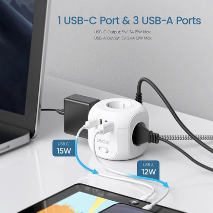 LENCENT 4 Fach Steckdosenleiste Mehrfachsteckdosen 8 in 1 Cube mit 3 USB, 1 Typ-C Weiß